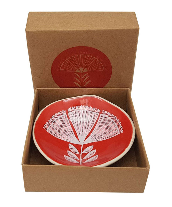 White Pohutukawa Lace On Red - 7cm Porcelain Bowl