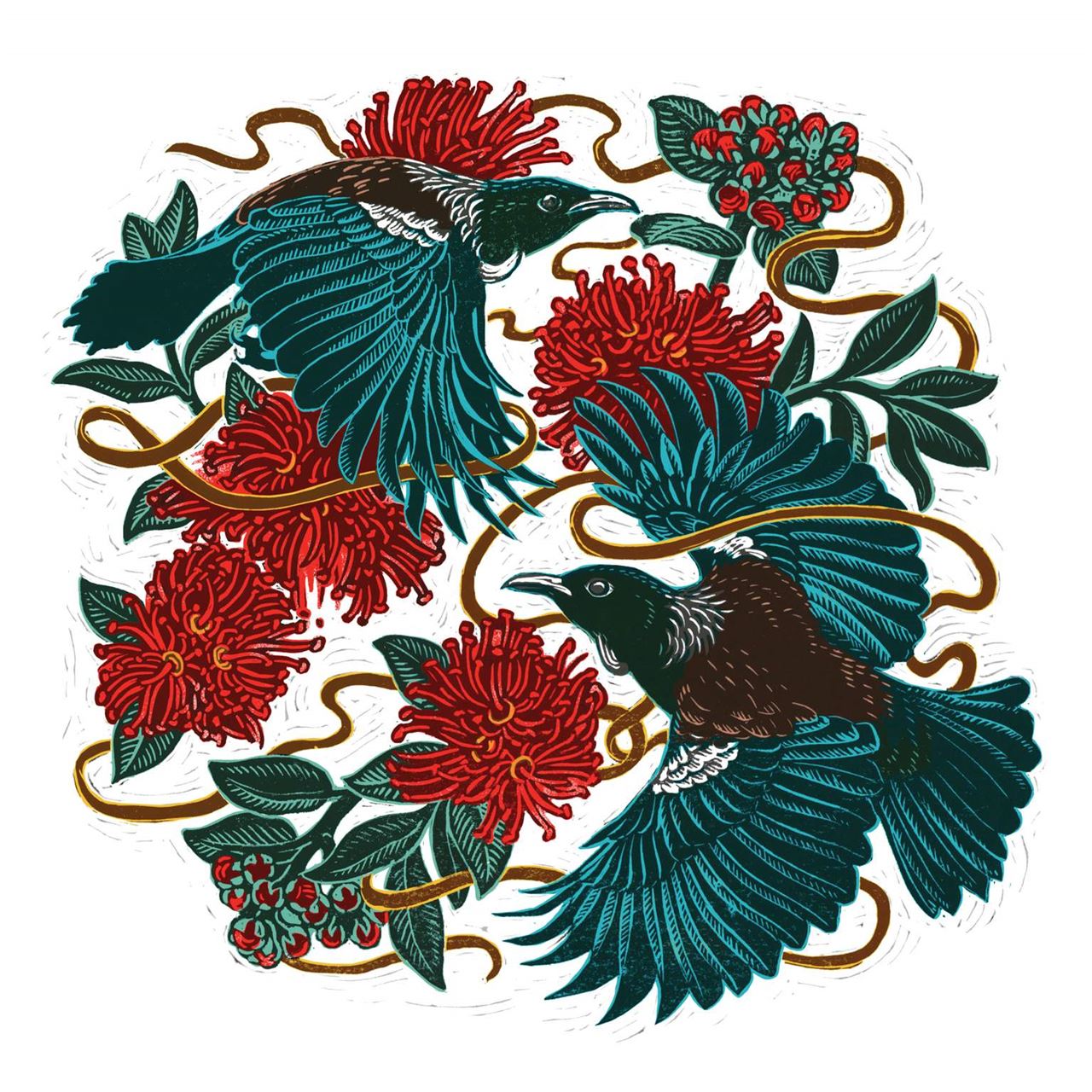 lino-cut-tuis-and-pohutukawa-christmas-card