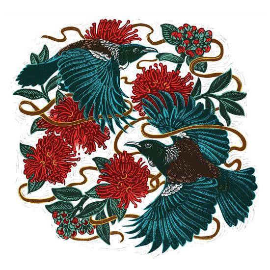 Lino Cut Tuis And Pohutukawa - Christmas Card