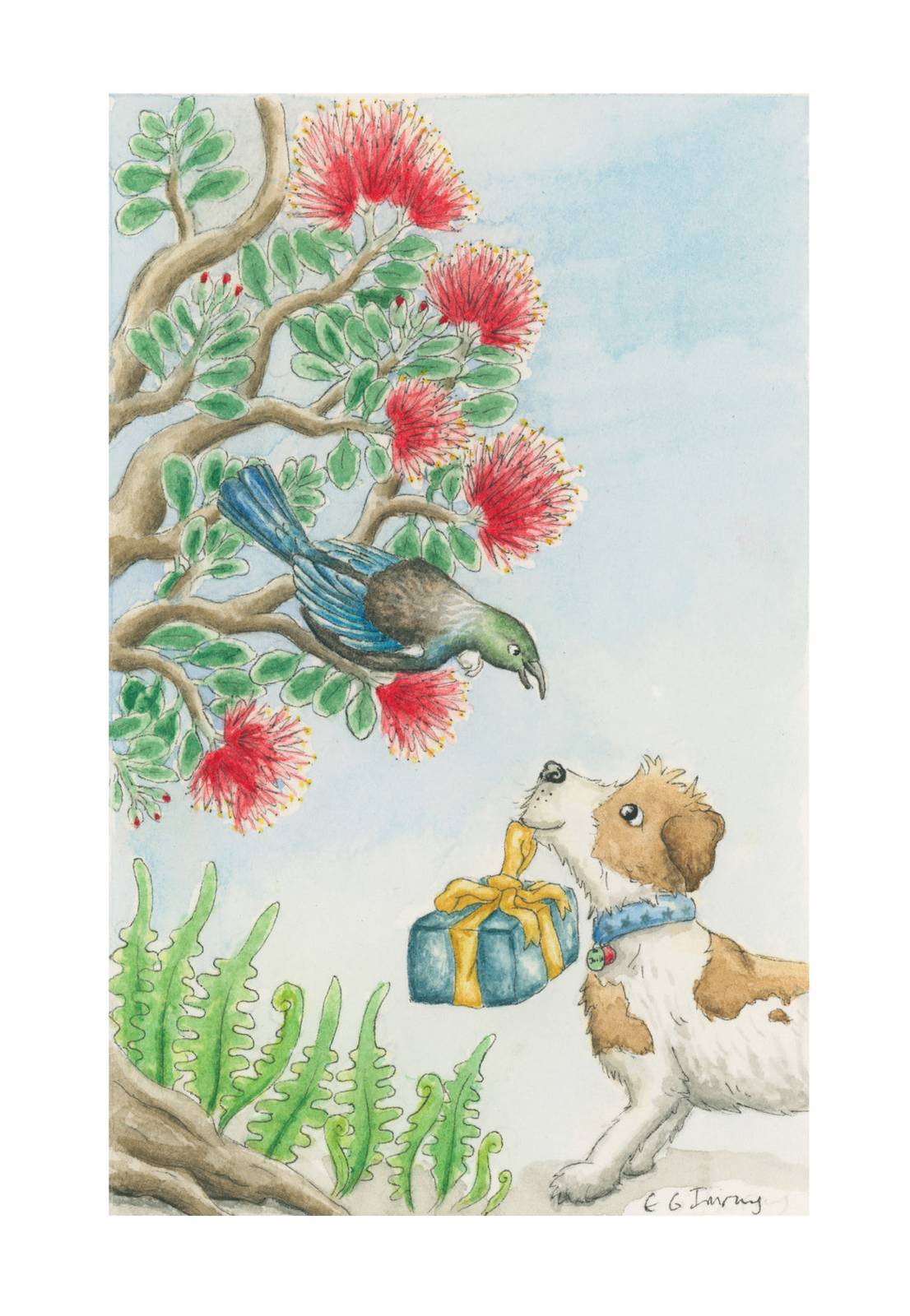 tui-in-tree-and-dog-with-present