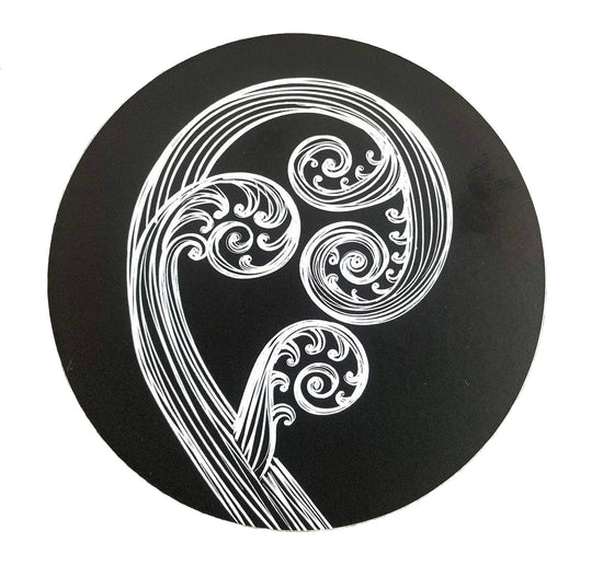 Ponga Ivory On Black 10cm - Round Coaster