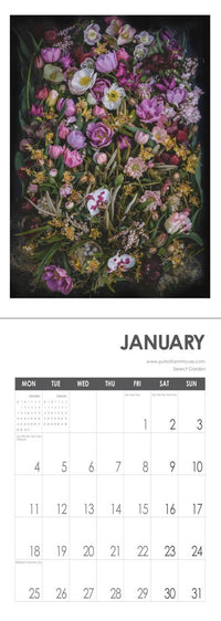 Laura Tait January 2027 spread with a floral still-life photograph and monthly grid