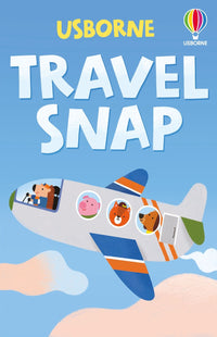 Card game box with title "Usborne Travel Snap" and cute illustration of animals traveling on a passenger plane.