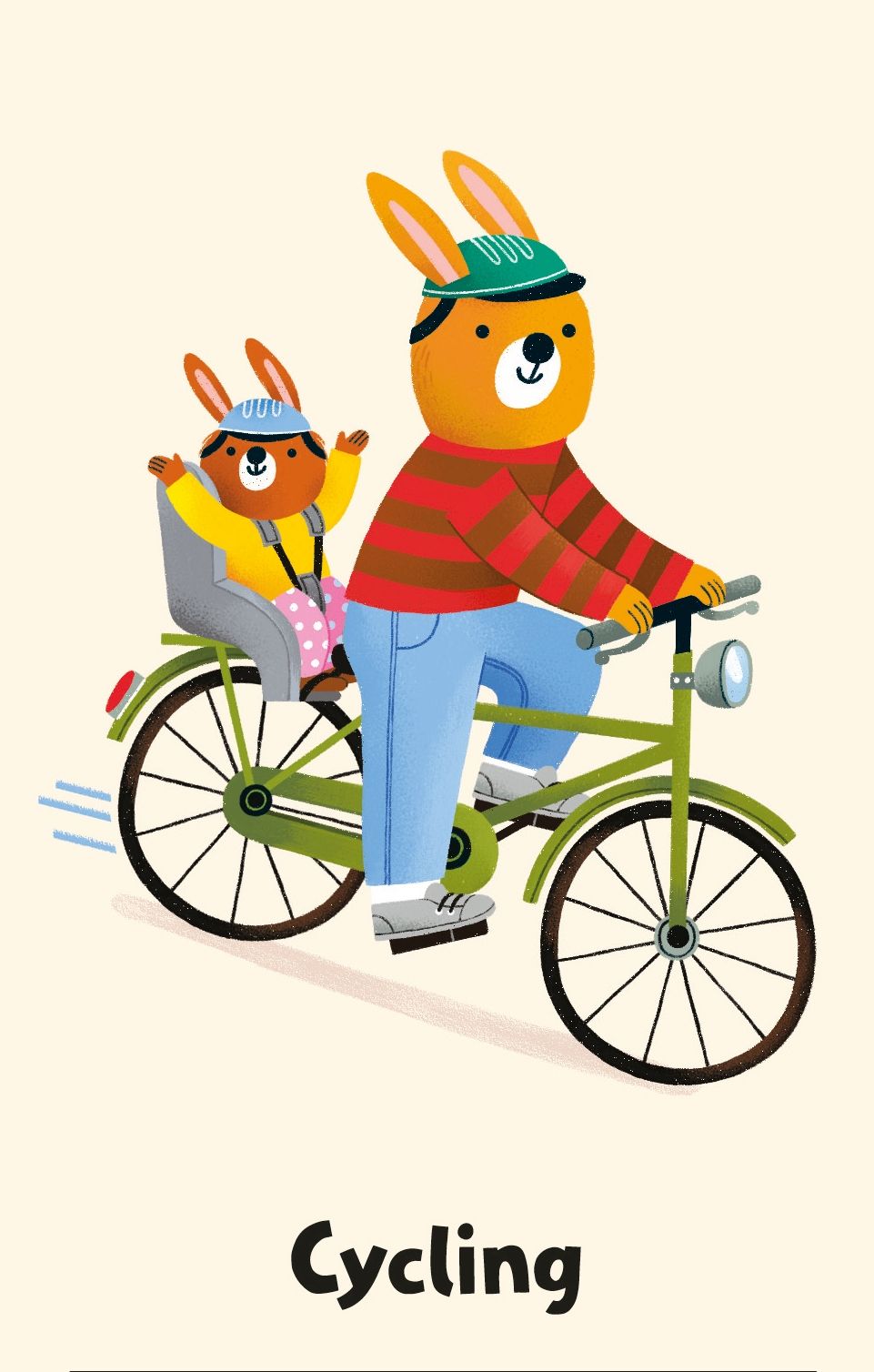 Snap card depicting rabbits riding a bicycle.
