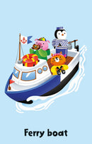 Snap card with an illustration of animal characters riding a ferry boat.