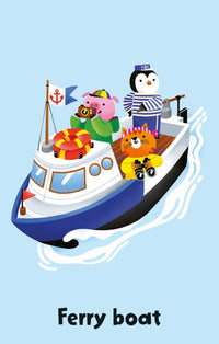 Snap card with an illustration of animal characters riding a ferry boat.