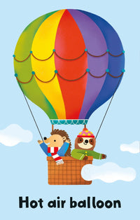 Snap card depicting animal characters riding in a hot air balloon