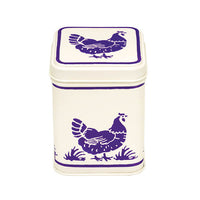 Emma Bridgewater Blue Hens 100 g square tin with blue chicken design