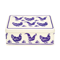 Emma Bridgewater Blue Hens deep rectangular storage tin with blue chicken pattern