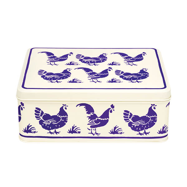 Emma Bridgewater Blue Hens deep rectangular storage tin with blue chicken pattern