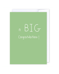 Certainly! Here’s a rewritten version using the product name: The “Big Congratulations” card is a green New Zealand greeting card featuring playful, varied white text that says, “A BIG Congratulations!” Centered on a blurred white and gray background, the card is shown slightly open. Blank inside for your personalized message, this card comes with an envelope included—perfect for any celebratory occasion.