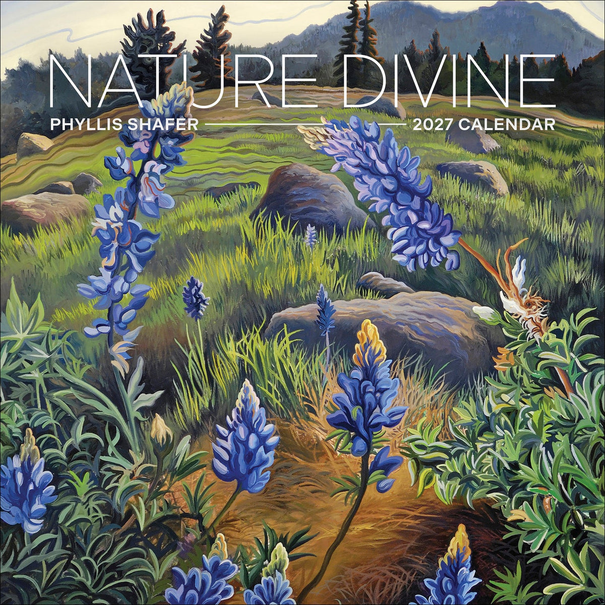 Nature Divine 2027 calendar cover with a blue mountain landscape and wildflowers