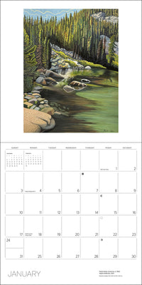 Nature Divine January 2027 spread with a forest river painting and monthly date grid