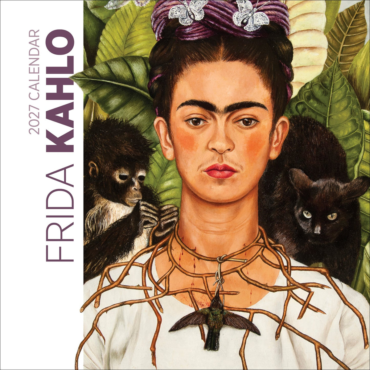 Frida Kahlo 2027 calendar front cover with a portrait and surrounding animals