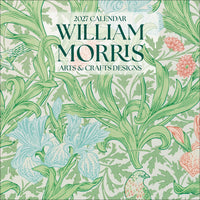 William Morris Arts and Crafts Designs 2027 calendar cover with a green botanical pattern
