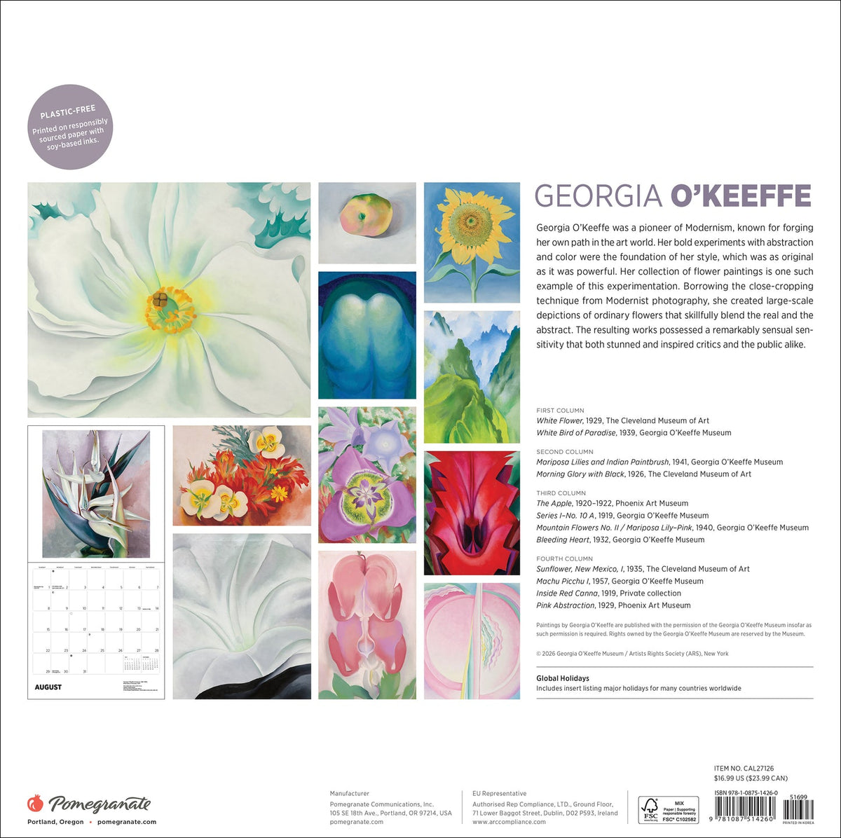 Georgia O'Keeffe 2027 calendar back cover with artwork previews