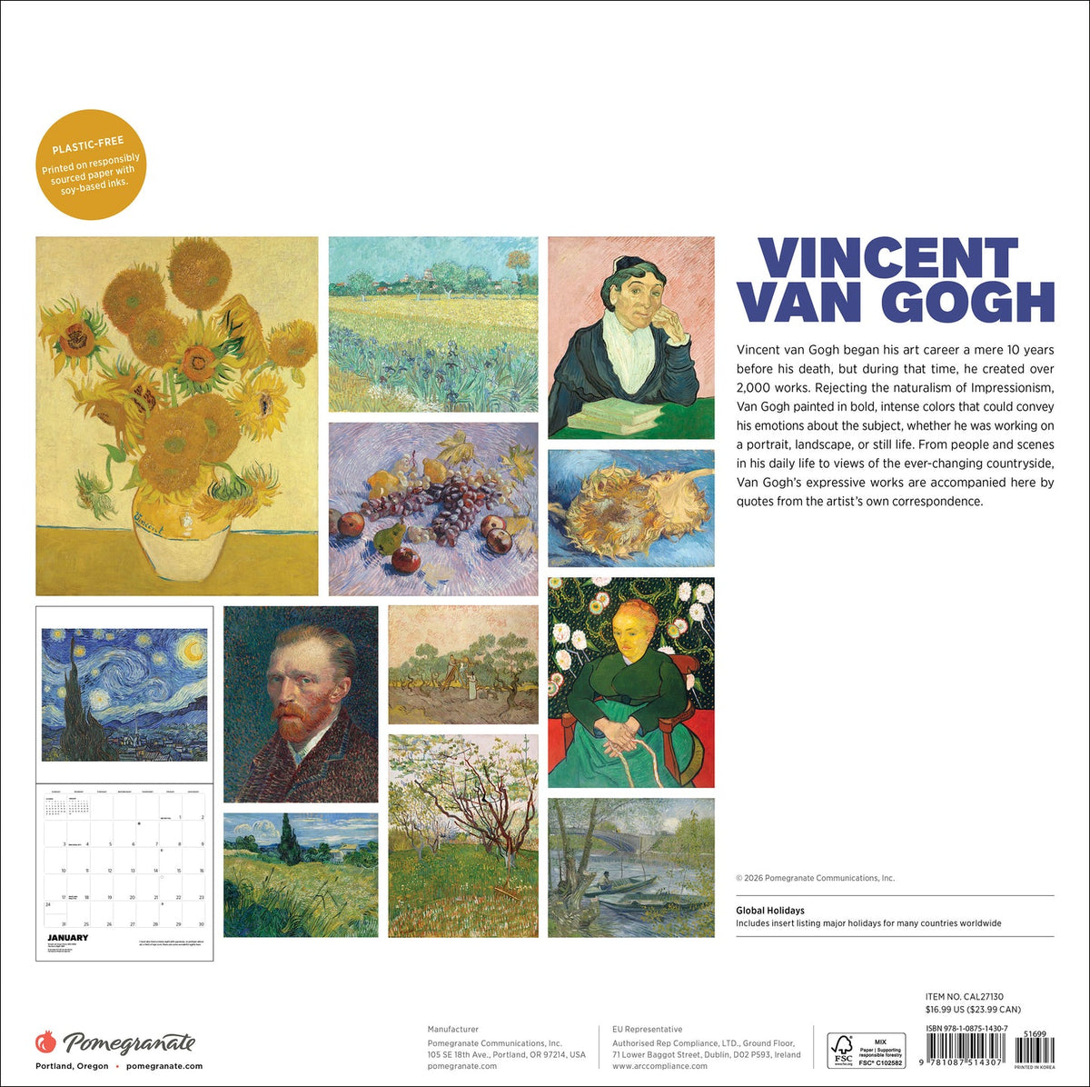 Vincent van Gogh 2027 calendar back cover with artwork previews