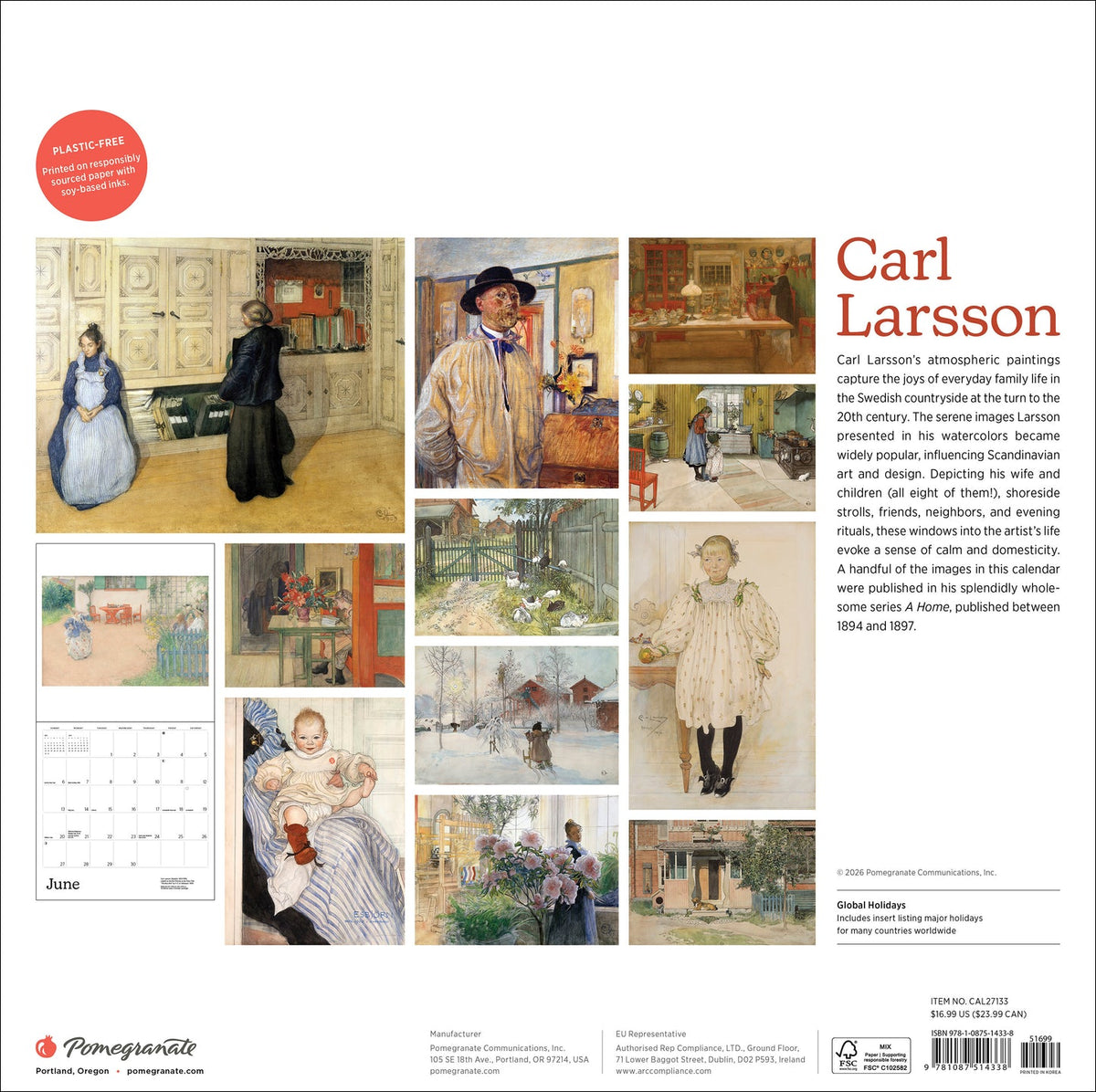 Carl Larsson 2027 calendar back cover with artwork previews