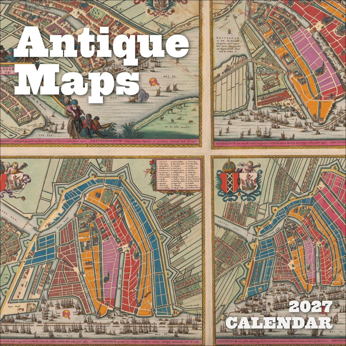 Antique Maps 2027 calendar cover with four historic city-map panels