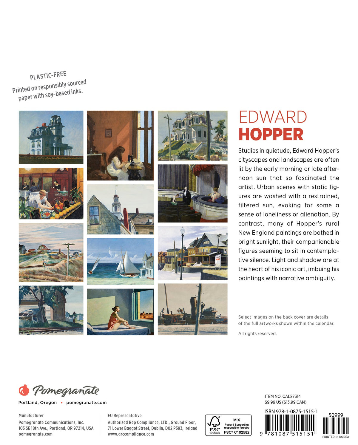 Edward Hopper 2027 calendar back cover with artwork previews