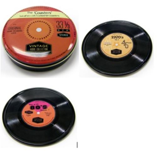 Set of 6 Tin Record Coasters (with cork backing and a storage tin)