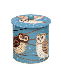 Dog & Dome Owls blue biscuit barrel with illustrated owls and lid