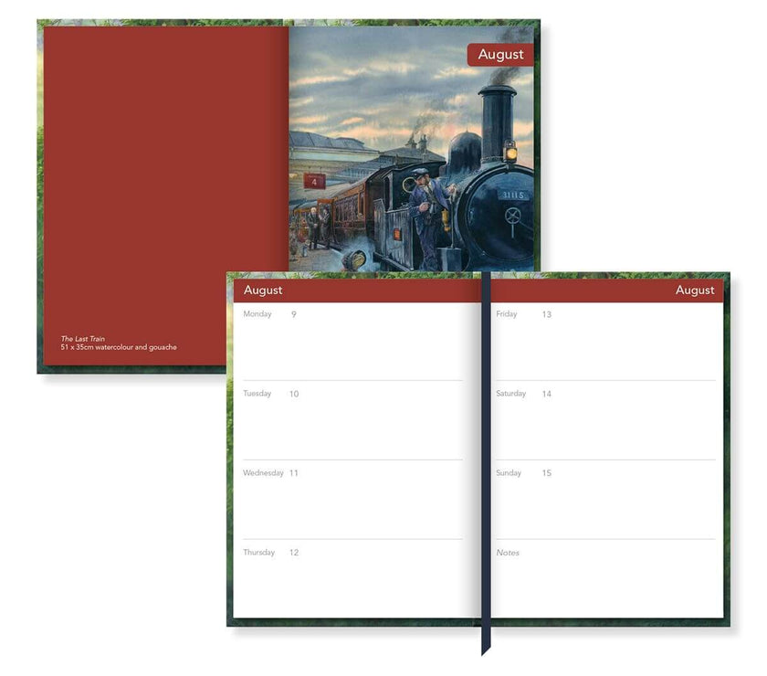 The Wind in the Willows 2027 diary interior with a train illustration and week-to-view pages