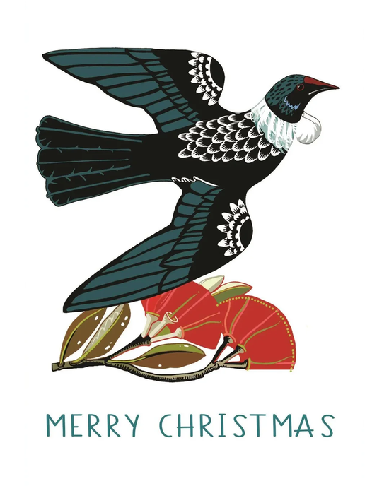 Flying Tui With Pohutukawa - Christmas Card