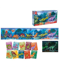 The Hape Dinosaurs 200-Piece Glow-in-the-Dark Floor Puzzle, its box, several illustrated dinosaur fact cards, and a section of the puzzle glowing under blacklight are all displayed against a white background.