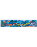 Experience a vibrant, colorful illustration of diverse dinosaurs—both flying and land species—in a lush prehistoric landscape filled with trees, plants, and mountains in the background, all perfectly captured in the Hape Dinosaurs 200-Piece Glow-in-the-Dark Floor Puzzle.