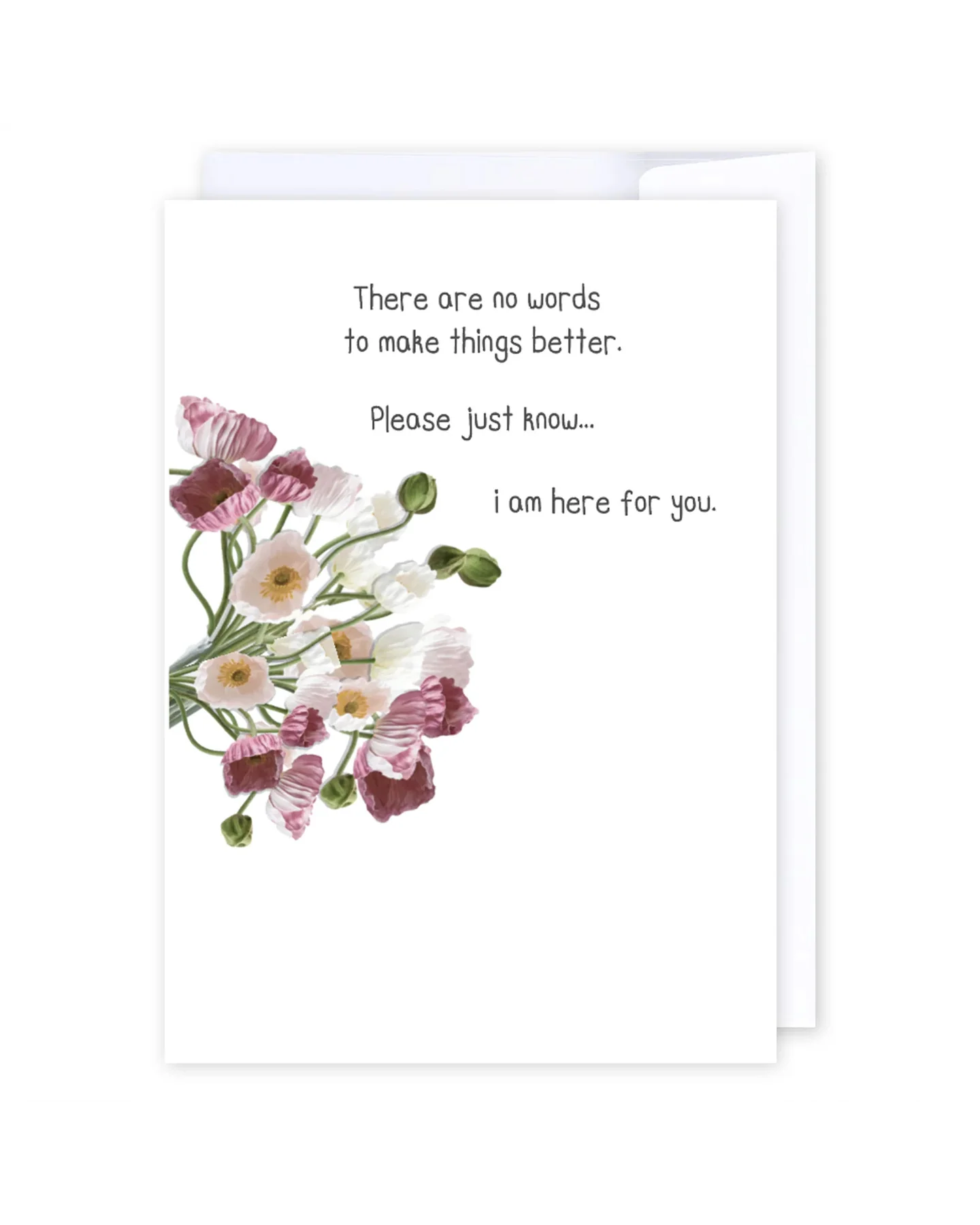 A beautiful NZ sympathy card, “I am here for you”, featuring pink and white flowers on the left. The text reads: There are no words to make things better. Please just know… I am here for you. Envelope included.