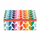 Kate Rhees Hearts deep rectangular tin with multicoloured heart pattern