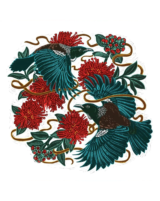 Lino Cut Tuis And Pohutukawa - Christmas Card