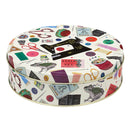 Elite Tins Needles & Thread medium round tin with sewing machine and sewing notions