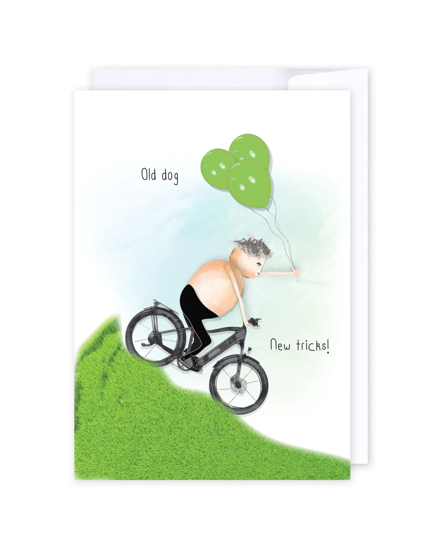 Illustration of a gray-haired man riding a bicycle downhill, holding green balloons. The text reads: Old Dog New Tricks. Grass and sky fill the background—making this “Old Dog New Tricks” birthday card a perfect lighthearted greeting from NZ.