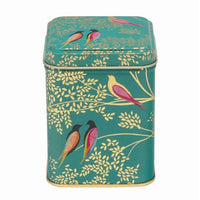 Sara Miller London Green Birds 100 g square tin with tropical birds on turquoise