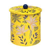 Sara Miller London Anniversary Botanic Blooms yellow biscuit barrel with songbird and fan leaves
