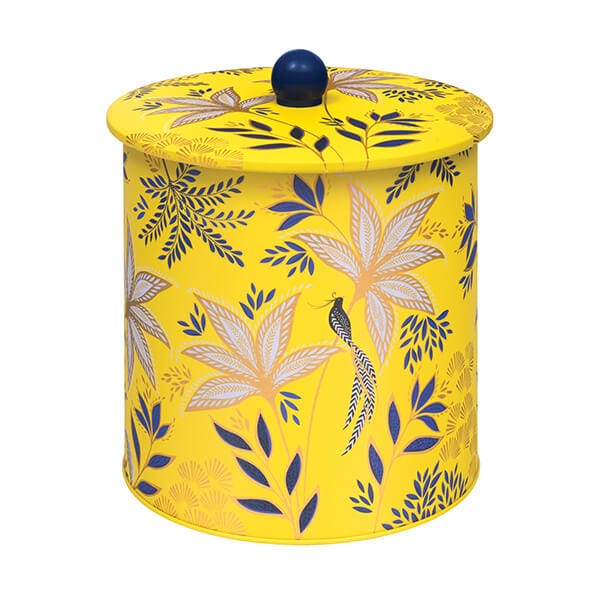 Sara Miller London Anniversary Botanic Blooms yellow biscuit barrel with songbird and fan leaves