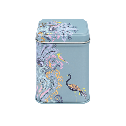 Sara Miller London Peacock Filigree 100 g square tin with birds and scrolling foliage