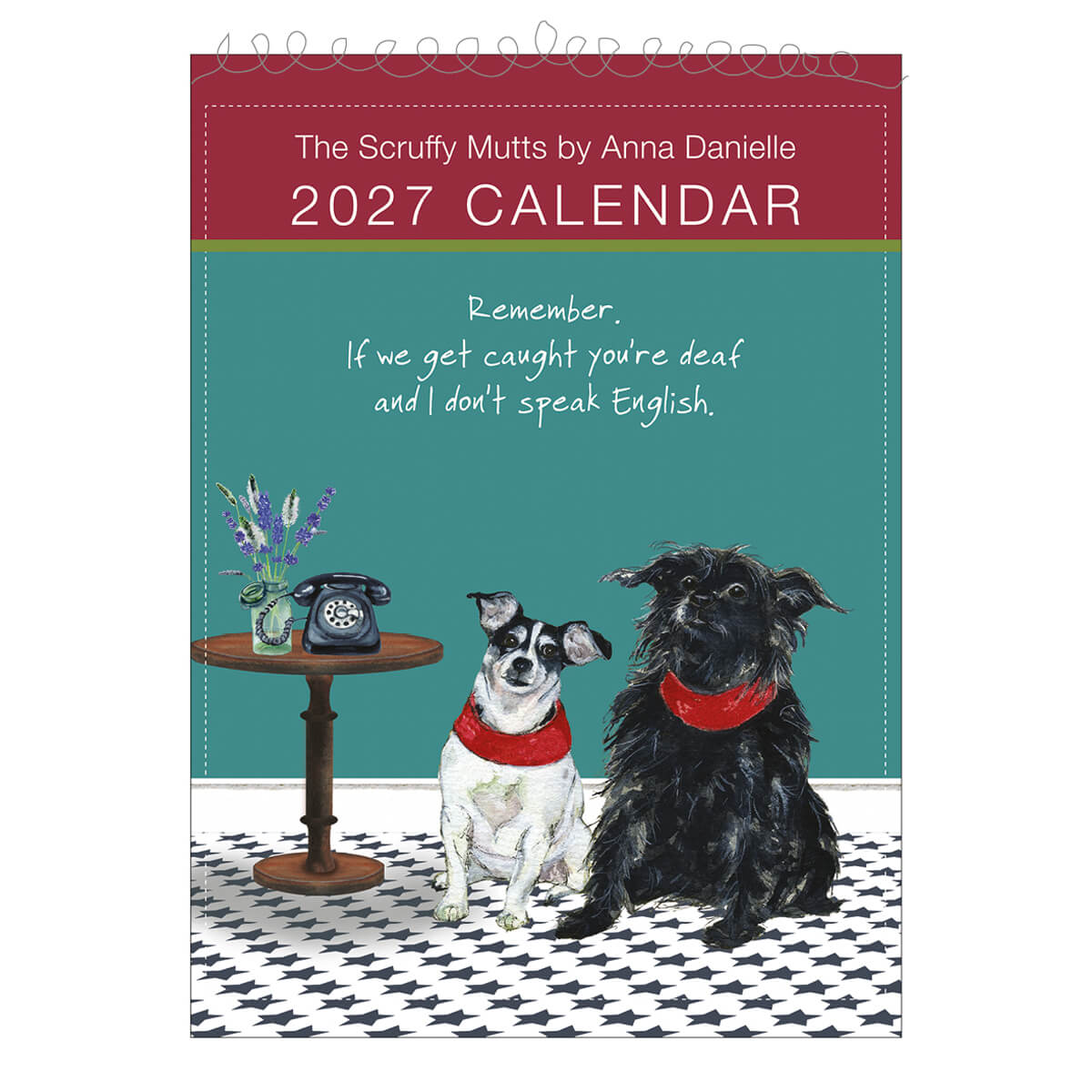 Scruffy Mutts 2027 calendar cover with two dogs wearing red neckerchiefs