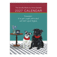 Scruffy Mutts 2027 calendar cover with two dogs wearing red neckerchiefs