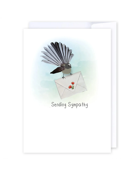 The Sending Sympathy Fantail card features a New Zealand Fantail holding an envelope with Pohutukawa flowers, displayed above the words “Sending Sympathy” on its elegant front