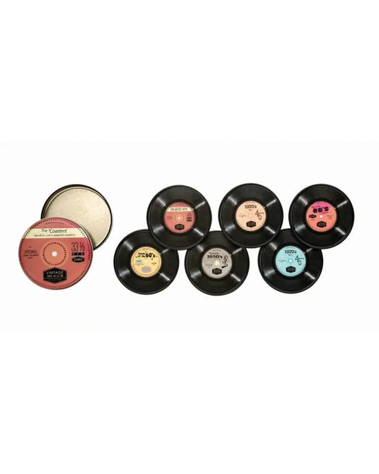 Set of 6 Tin Record Coasters with Cork Backing & Storage Tin
