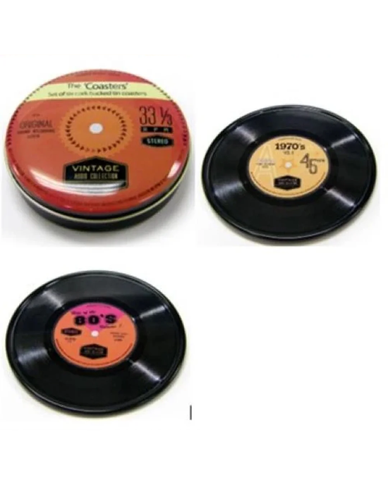 Set of 6 Tin Record Coasters with Cork Backing & Storage Tin