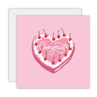 To The Moon & Back Prints Congrats greeting card with pink heart-shaped cake