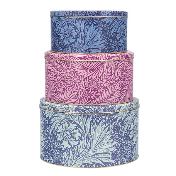 William Morris Marigold set of three round cake tins in blue green and pink