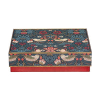 William Morris Strawberry Thief dark green rectangular tin with birds and strawberries