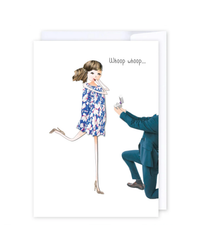 Illustration from the “Whoop Whoop Proposal” card features a joyful woman in a colorful dress striking a happy pose as someone in a suit kneels and presents an open ring box—ideal for wedding or proposal cards. The text reads: Whoop whoop....