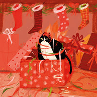 The Gift Christmas card with cat among red presents and stockings