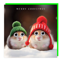 Christmas Hamsters in Hats card with two hamsters in red and green bobble hats